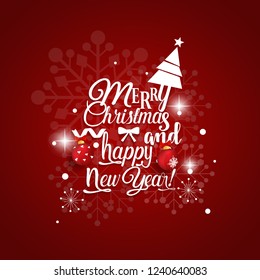 Christmas Greeting Card. Merry Christmas and Happy New Year lettering with Christmas tree, vector illustration.