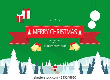 christmas greeting card with merry christmas and happy new year banner winter forest woods vector illustration