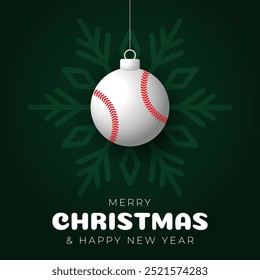 Christmas Greeting card. Merry Christmas and happy new year sport greeting card. Hang on a thread green and red xmas ball bauble on green on background. Sport Vector illustration