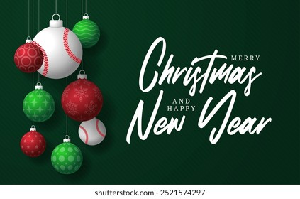 Christmas Greeting card. Merry Christmas and happy new year sport greeting card. Hang on a thread green and red xmas ball bauble on green on background. Sport Vector illustration