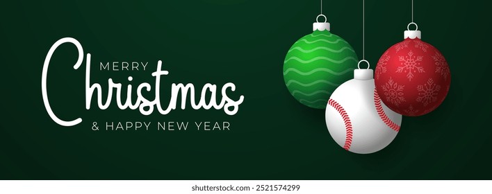 Christmas Greeting card. Merry Christmas and happy new year sport greeting card. Hang on a thread green and red xmas ball bauble on green on background. Sport Vector illustration