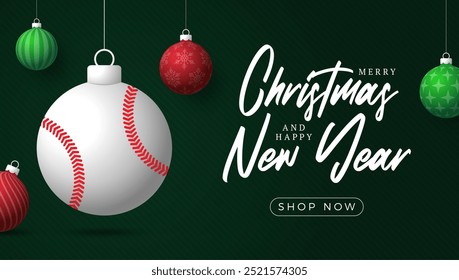 Christmas Greeting card. Merry Christmas and happy new year sport greeting card. Hang on a thread green and red xmas ball bauble on green on background. Sport Vector illustration