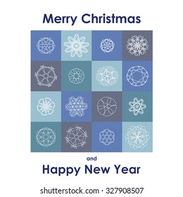 Christmas Greeting Card. Merry Christmas and Happy New Year lettering, vector illustration in blue colors