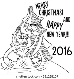 Christmas greeting card: Merry Christmas and Happy New Year. Christmas tree in childish doodles style.