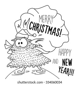 Christmas greeting card: Merry Christmas and Happy New Year. Christmas tree in childish doodles style.