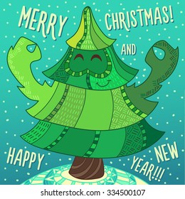 Christmas greeting card: Merry Christmas and Happy New Year. Christmas tree in childish doodles style.
