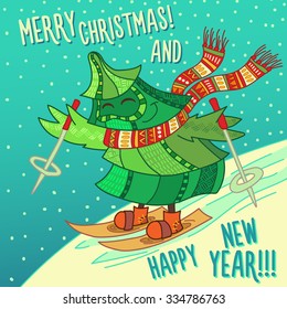 Christmas greeting card: Merry Christmas and Happy New Year. Christmas tree in childish doodles style.
