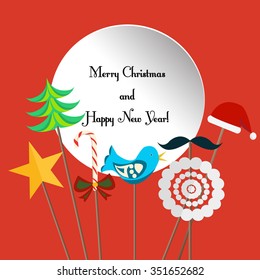 Christmas greeting card Merry Christmas and Happy New Year. Winter holiday design, frame wreath design: Christmas tree, 
mustache, snowflake, star, bird, candy and Santa hat