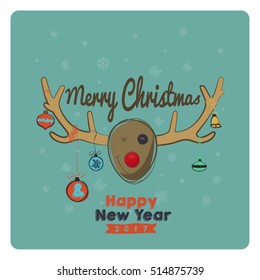 Christmas Greeting Card. Merry Christmas and Happy New Year 2017 lettering. Decorated deer antlers