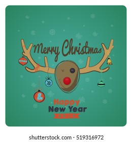 Christmas Greeting Card. Merry Christmas and Happy New Year 2017 lettering. Decorated deer antlers