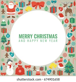 Christmas greeting card with merry christmas and happy new year wishes. Christmas design elements. Vector illustration