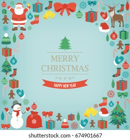 Christmas greeting card with merry christmas and happy new year wishes. Christmas design elements. Vector illustration