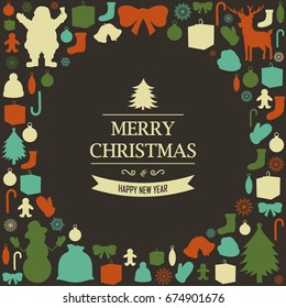 Christmas greeting card with merry christmas and happy new year wishes. Christmas design elements. Vector illustration