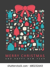 Christmas greeting card with merry christmas and happy new year wishes. Christmas design elements. Vector illustration