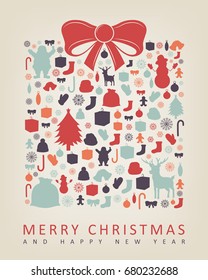 Christmas greeting card with merry christmas and happy new year wishes. Christmas design elements. Vector illustration