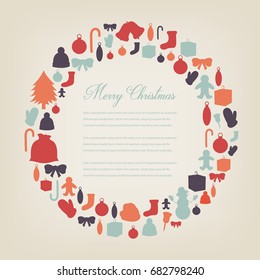 Christmas greeting card with merry christmas and happy new year wishes. Christmas design elements. Vector illustration