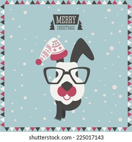 Christmas greeting card. Merry Christmas. Hipster fashion animal with classic hipster elements. Rabbit.