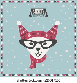 Christmas greeting card. Merry Christmas. Hipster fashion animal with classic hipster elements. Cat.