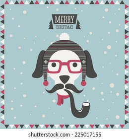 Christmas greeting card. Merry Christmas. Hipster fashion animal with classic hipster elements. Dog.