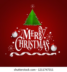 Christmas Greeting Card. Merry Christmas lettering with Christmas tree, vector illustration.