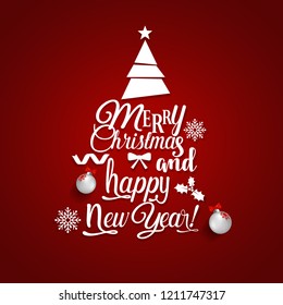 Christmas Greeting Card. Merry Christmas lettering with Christmas tree, vector illustration.