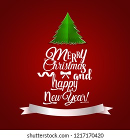 Christmas Greeting Card. Merry Christmas lettering with Christmas tree, vector illustration.