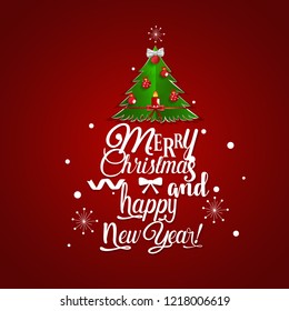 Christmas Greeting Card. Merry Christmas lettering with Christmas tree, vector illustration.