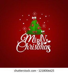 Christmas Greeting Card. Merry Christmas lettering with Christmas tree, vector illustration.