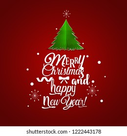Christmas Greeting Card. Merry Christmas lettering with Christmas tree, vector illustration.
