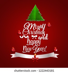 Christmas Greeting Card. Merry Christmas lettering with Christmas tree, vector illustration.