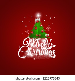 Christmas Greeting Card. Merry Christmas lettering with Christmas tree, vector illustration.