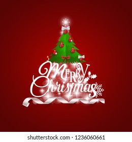 Christmas Greeting Card. Merry Christmas lettering with Christmas tree, vector illustration.
