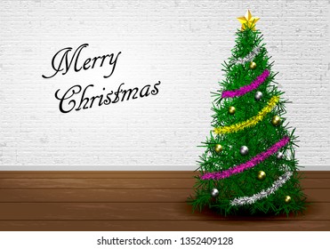 Christmas Greeting Card, Merry Christmas lettering with Christmas tree