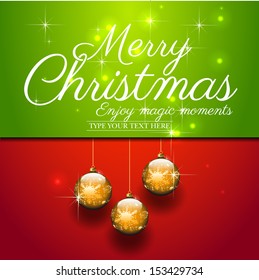 Christmas Greeting Card - Merry Christmas lettering with three balls - vector illustration