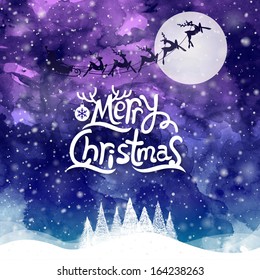 Christmas Greeting Card. Merry Christmas Lettering. Water Color Effect Illustration