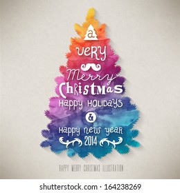 Christmas Greeting Card. Merry Christmas lettering. Water color effect illustration