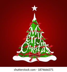 Christmas Greeting Card. Merry Christmas lettering with Christmas tree, vector illustration