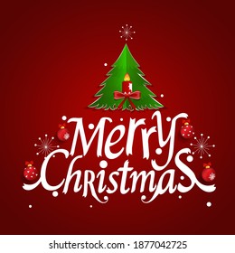 Christmas Greeting Card. Merry Christmas lettering with Christmas tree, vector illustration