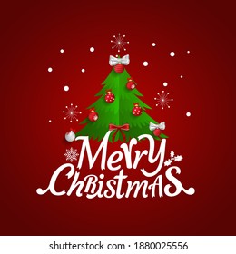 Christmas Greeting Card. Merry Christmas lettering with Christmas tree, vector illustration