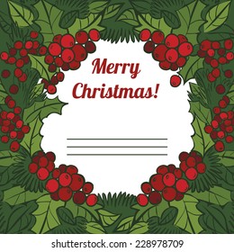 Christmas Greeting Card. Merry Christmas lettering with wreath of holly, vector illustration