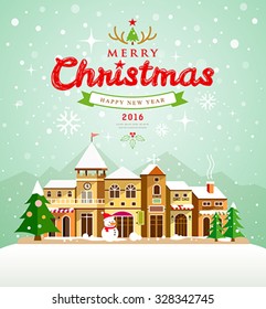 Christmas Greeting Card. Merry Christmas lettering with houses snow on background, vector illustration