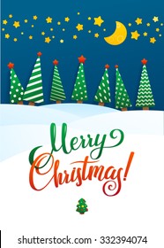 Christmas Greeting Card. Merry Christmas lettering, vector illustration. Volume toys, Christmas trees and snowdrifts. Christmas decorations, greeting illustration