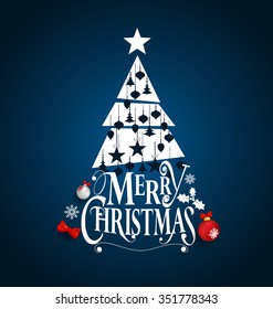 Christmas Greeting Card. Merry Christmas lettering with Christmas tree, vector illustration.