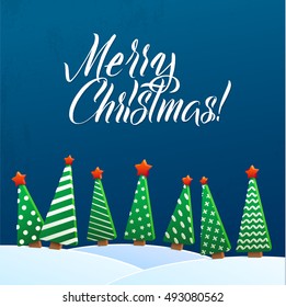 Christmas Greeting Card. Merry Christmas lettering, vector illustration. Volume toys, Christmas trees and snowdrifts. Christmas decorations, greeting illustration