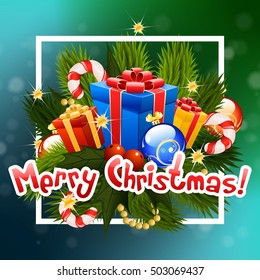 Christmas Greeting Card. Merry Christmas Lettering. Christmas Tree branch with Presents and Christmas decorations