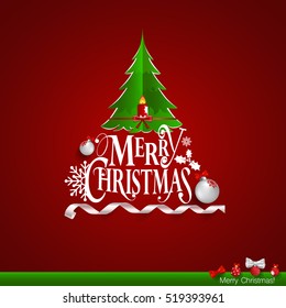 Christmas Greeting Card. Merry Christmas lettering with Christmas tree, vector illustration.