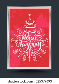 Christmas Greeting Card. Merry Christmas lettering with tree and snowflake drawing on red background texture, vector illustration