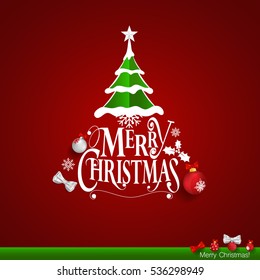 Christmas Greeting Card. Merry Christmas lettering with Christmas tree, vector illustration.