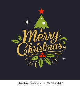 Christmas Greeting Card. Merry Christmas lettering design on black background, vector illustration