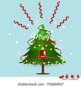 Christmas Greeting Card with Merry Christmas lettering and Christmas tree, vector illustration.